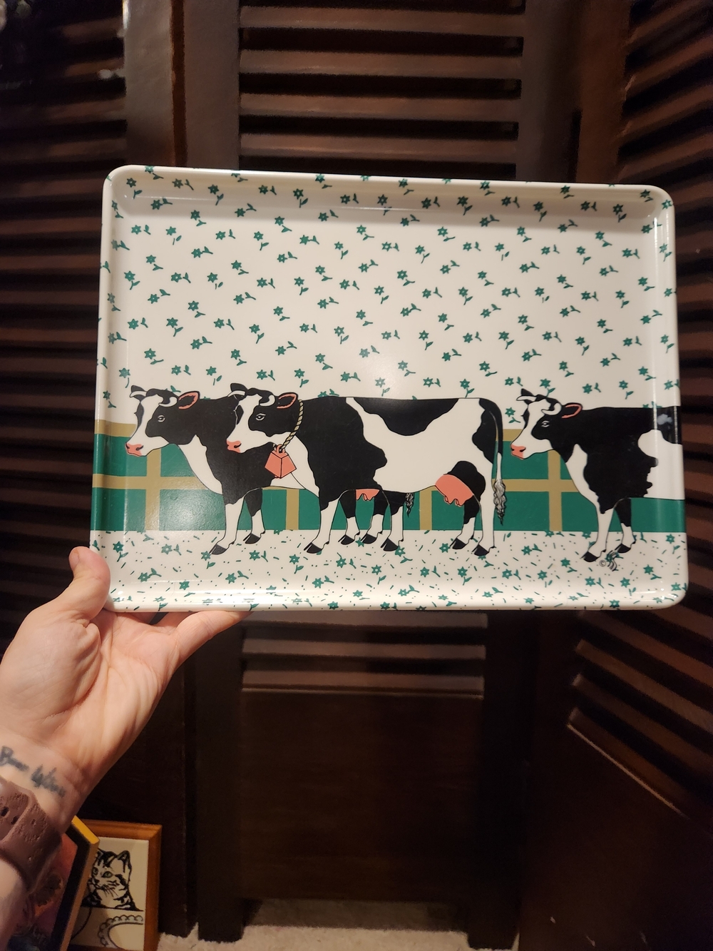 Vintage Cow Print Tray in White and Green